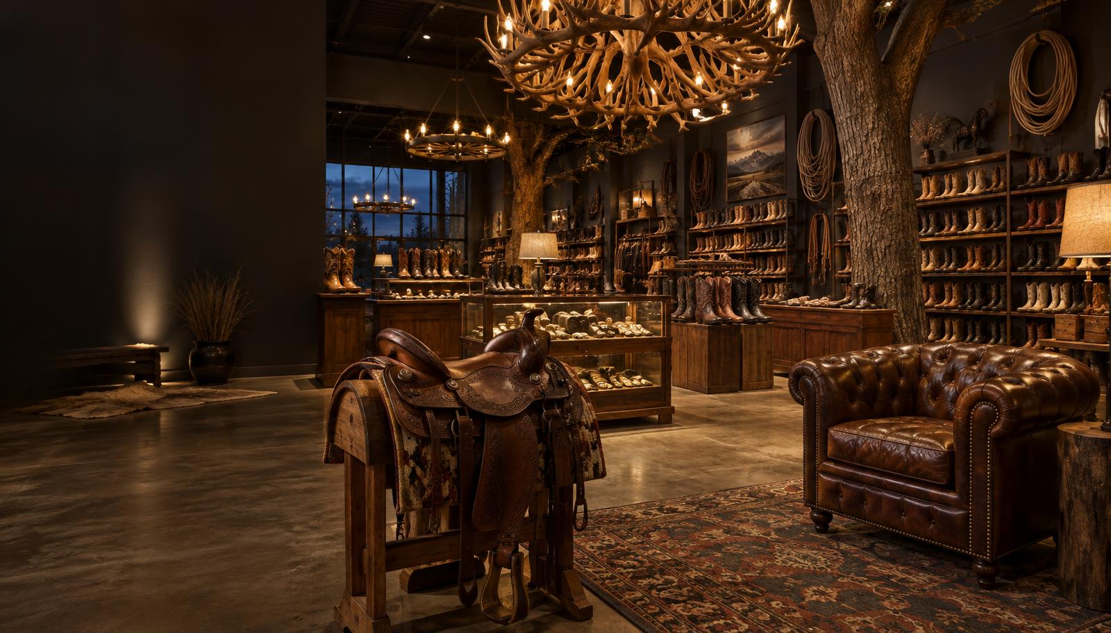 Interior de loja country com selas e botas